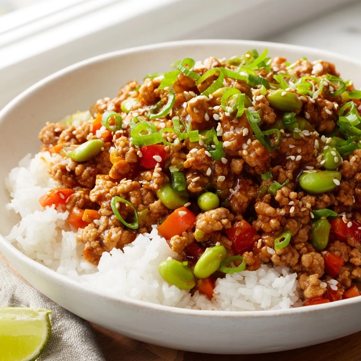 Steaming ground turkey rice bowls loaded with seasoned meat, edamame, and shredded carrots