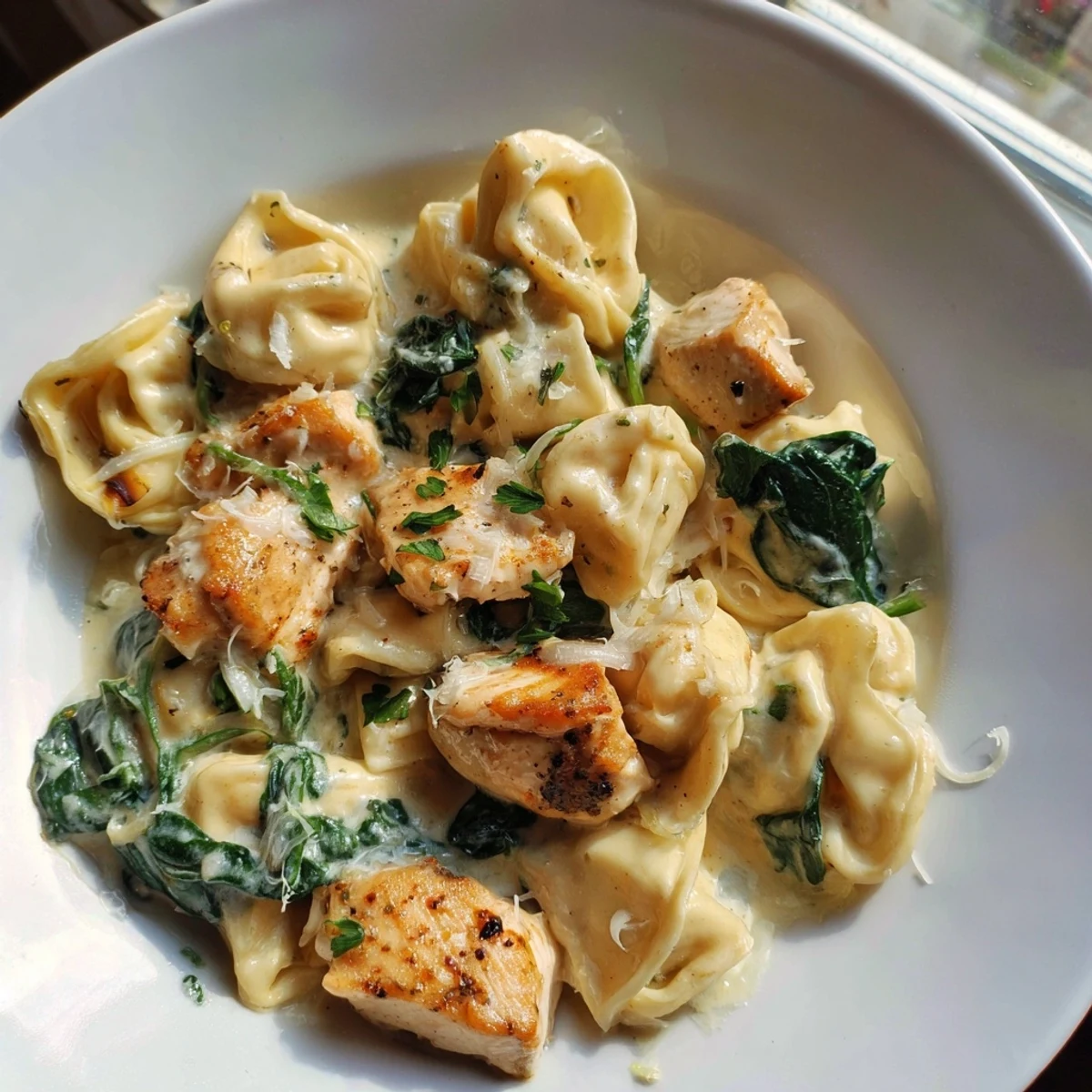 Golden seared chicken and cheese tortellini nestled in a creamy garlic spinach sauce
