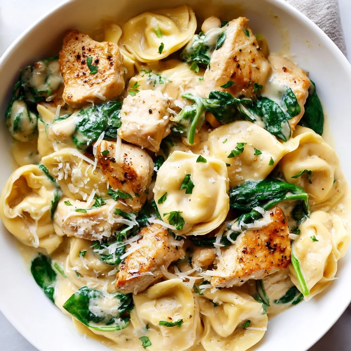 Creamy garlic chicken tortellini with spinach tossed in a velvety Parmesan sauce