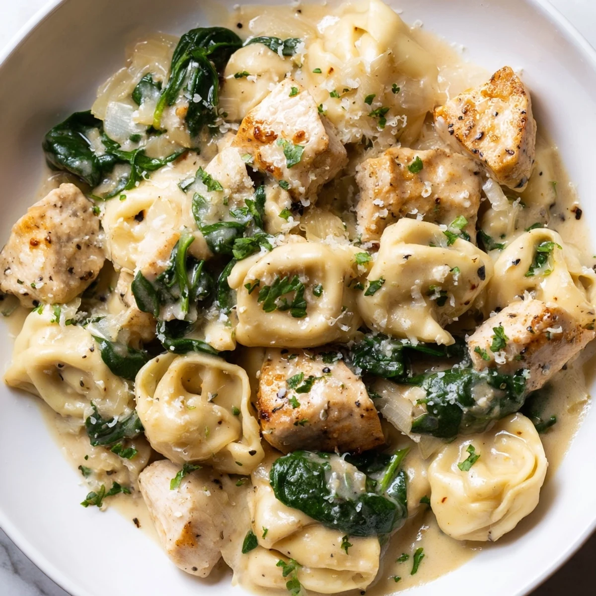 Steaming bowl of creamy garlic chicken tortellini with spinach garnished with fresh parsley