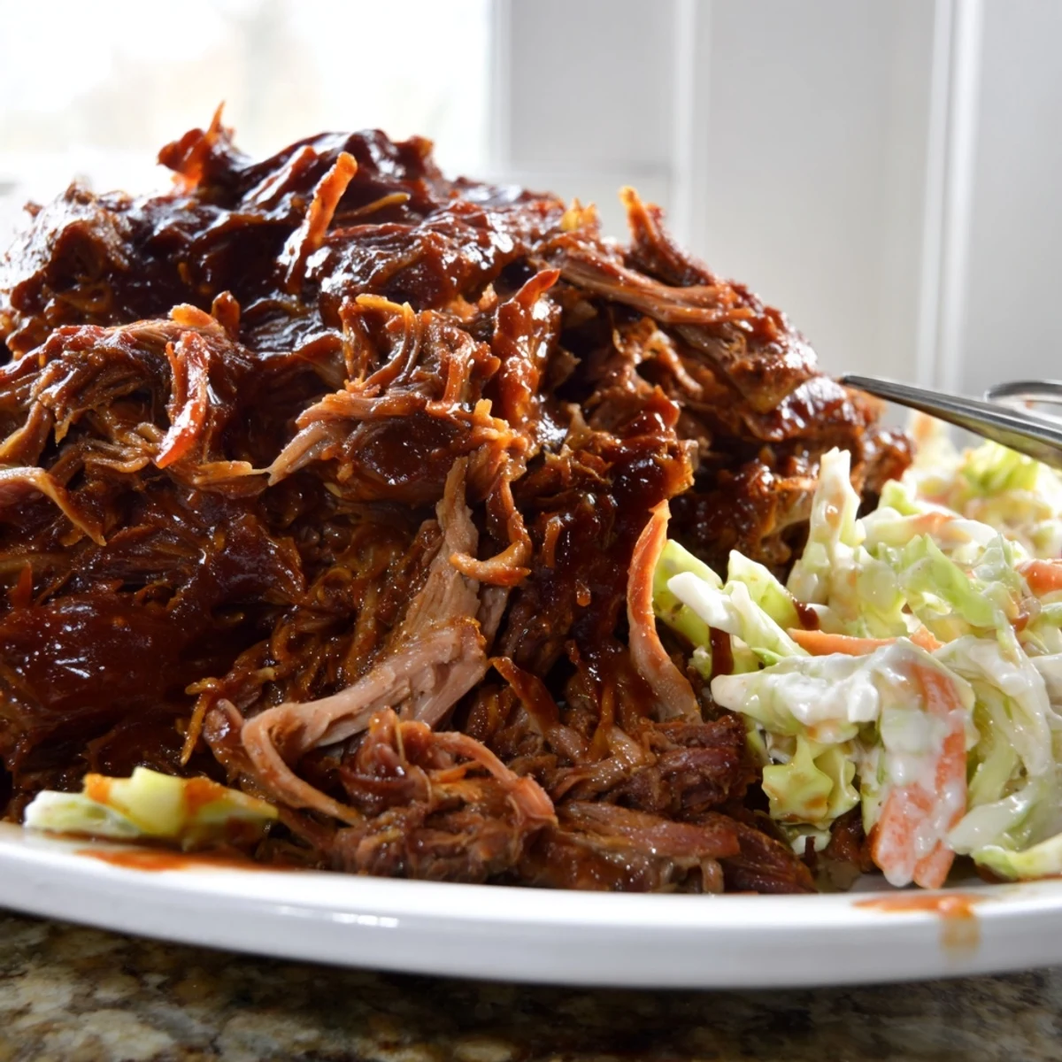 Slow Cooker BBQ Pulled Beef piled high on a toasted bun with creamy coleslaw