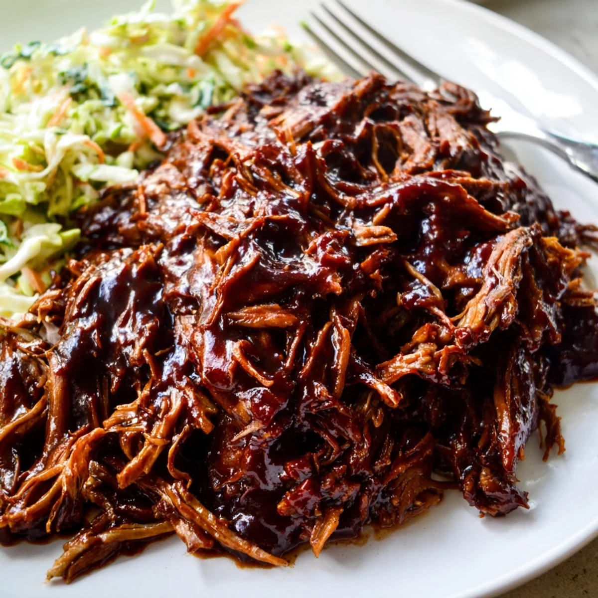 Tender Slow Cooker BBQ Pulled Beef glistening with rich, tangy-sweet smoky sauce