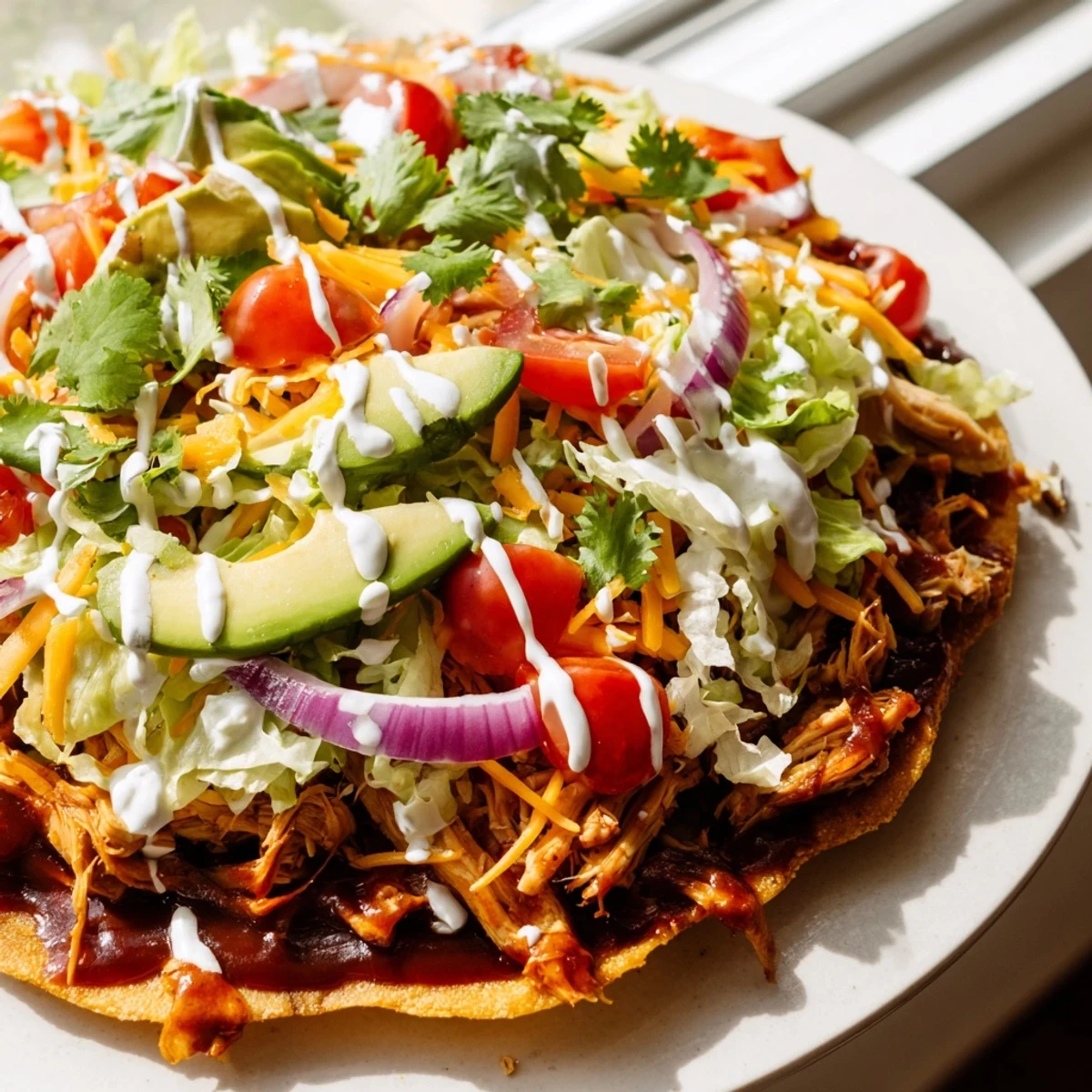 Crispy sweet smoky BBQ chicken tostadas loaded with melted cheese and fresh avocado slices