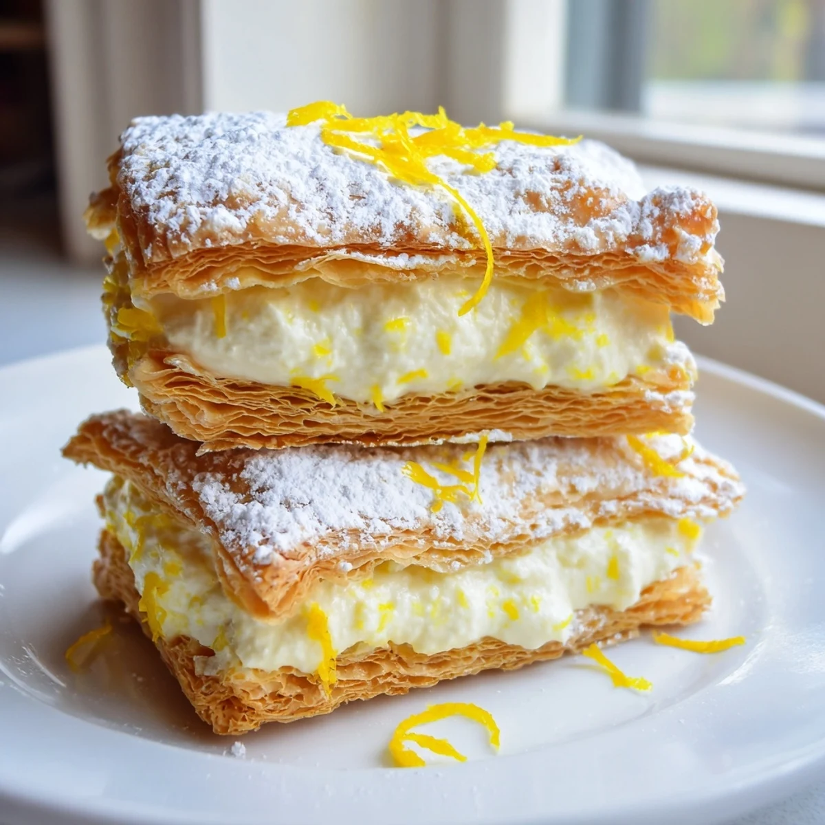 Crispy golden Lemon Ricotta Puff Pastry Mille Feuille topped with powdered sugar and bright zest
