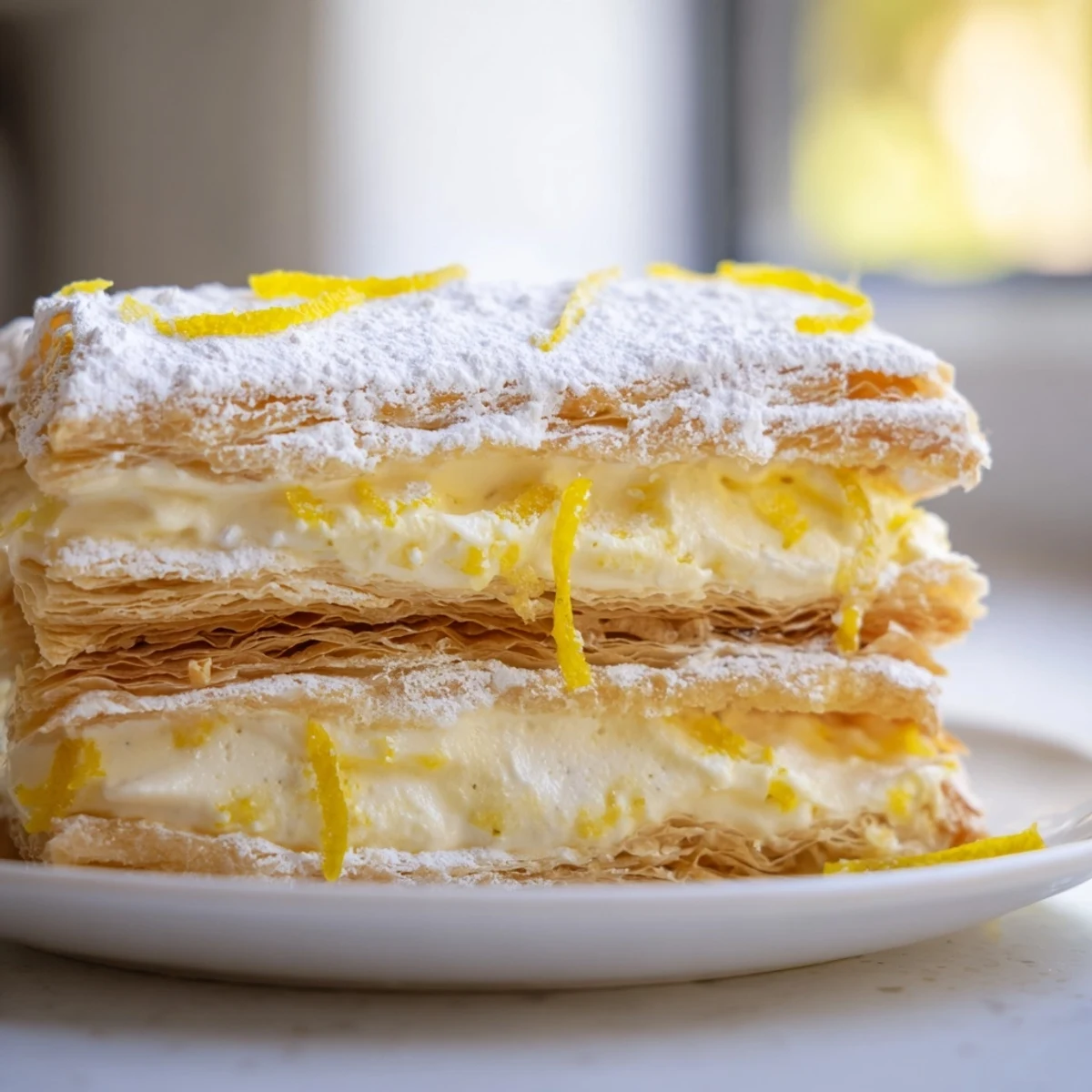 Elegant Lemon Ricotta Puff Pastry Mille Feuille dusted with sugar on a white dessert plate