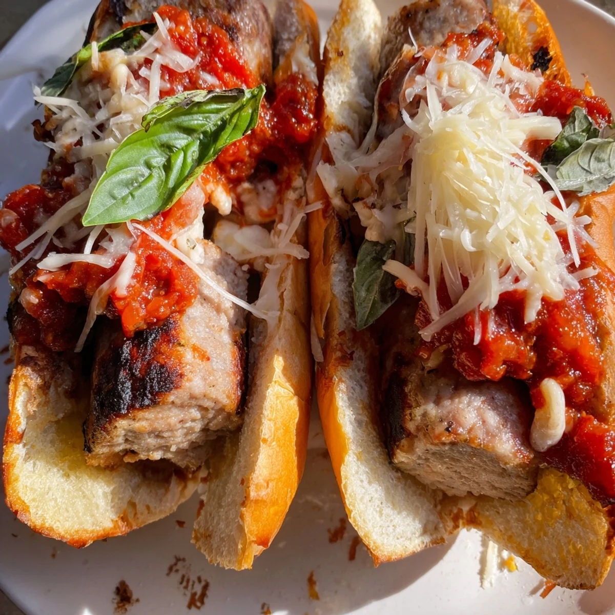 Crusty grilled sausage grinders loaded with smoky tomato sauce and melted mozzarella cheese