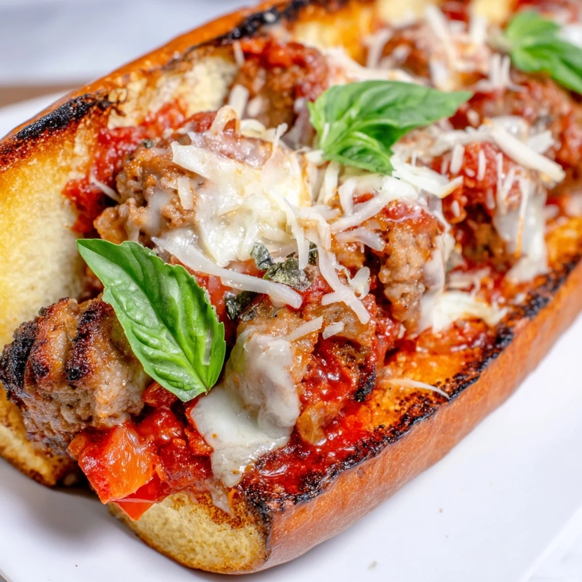 Juicy charred sausages tucked into golden hoagie rolls dripping with grilled tomato sauce