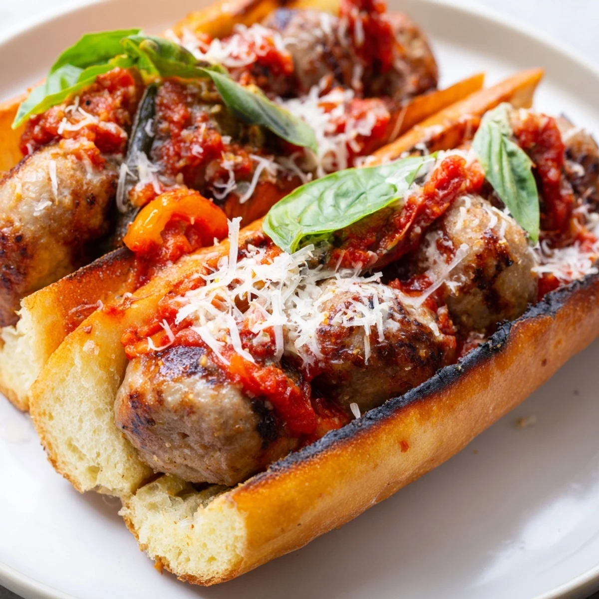 Smoky grilled sausage grinders topped with chunky charred tomato sauce and fresh basil leaves