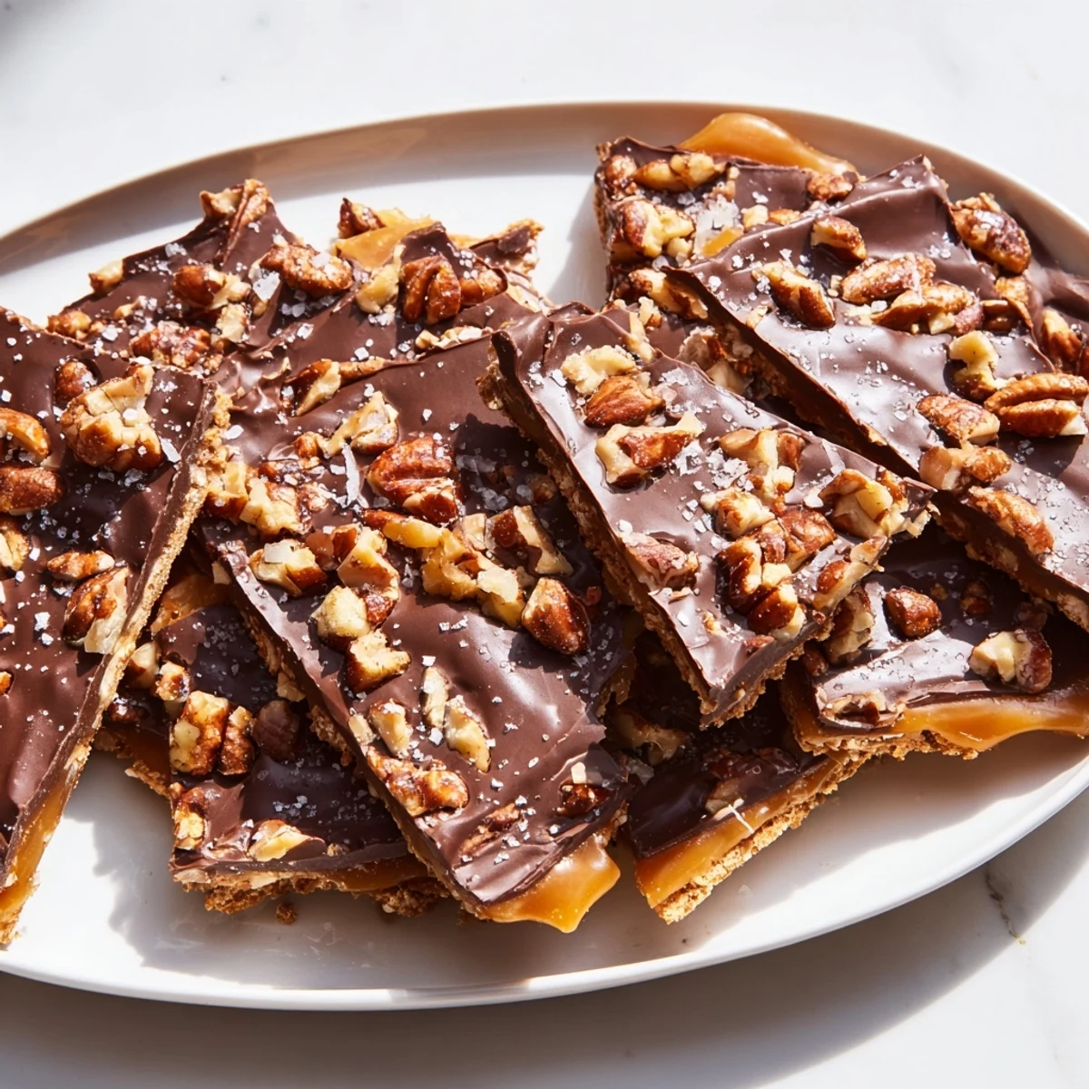 Golden pecan pie bark with gooey caramel, roasted nuts, and melted chocolate shards