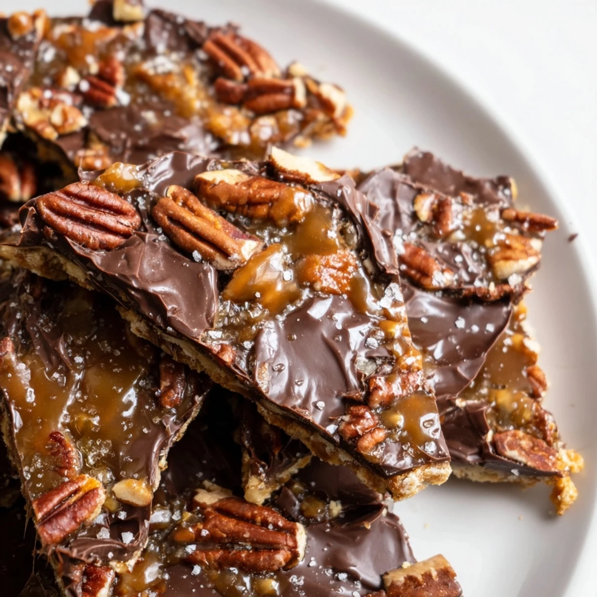 Buttery caramel pecan pie bark topped with toasted pecans and rich chocolate drizzle