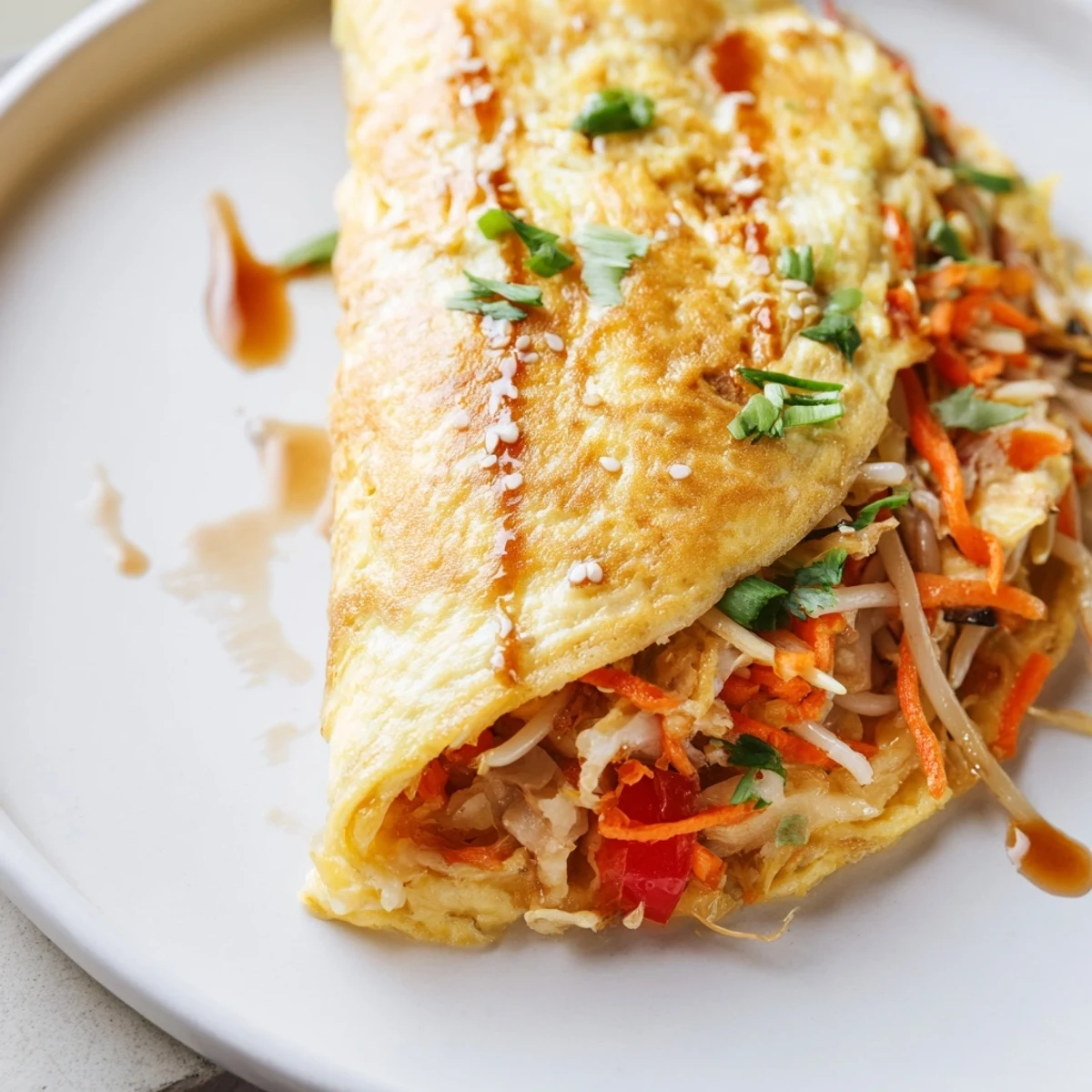 Golden Chinese Omelette filled with colorful vegetables and garnished with fresh scallions