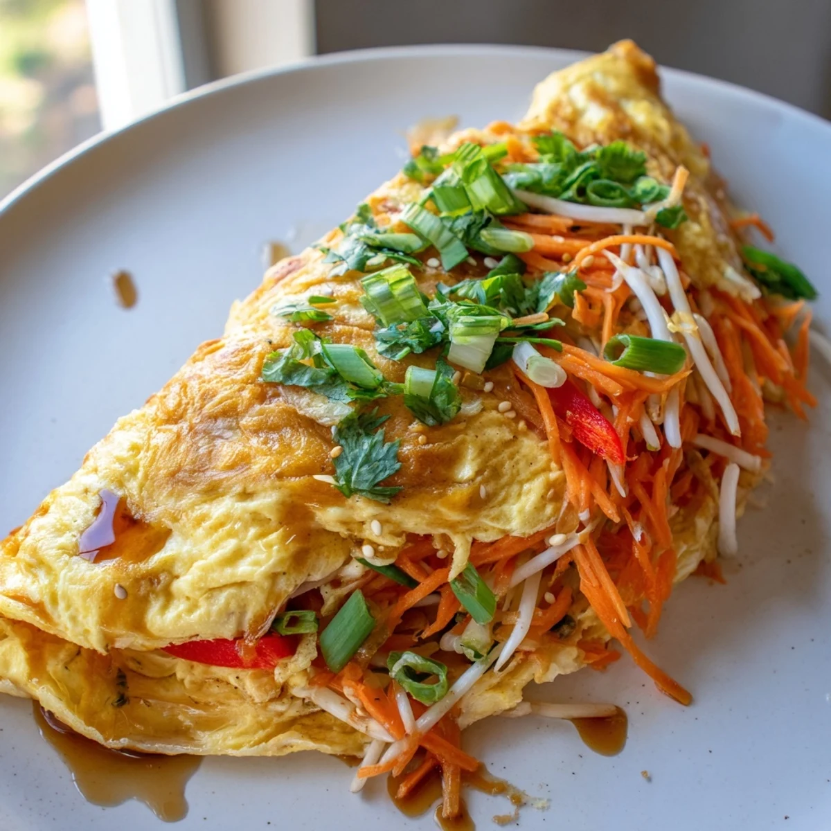 Fluffy Chinese Omelette folded over crisp bean sprouts and shredded carrots on a plate