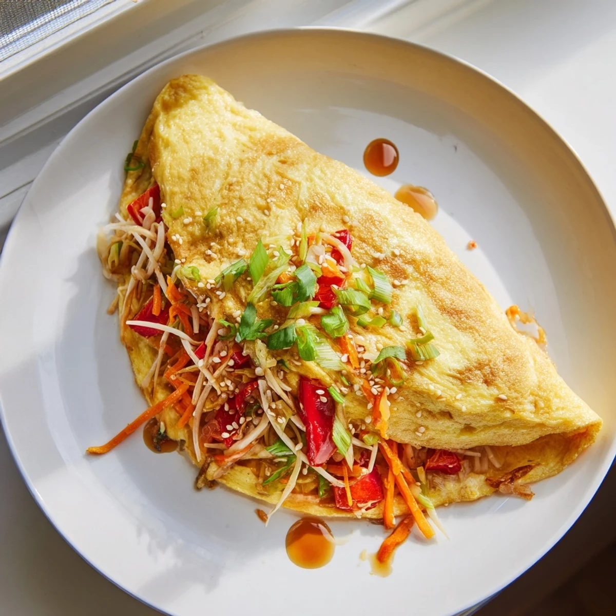 Savory Chinese Omelette drizzled with sesame oil and served hot for a light brunch