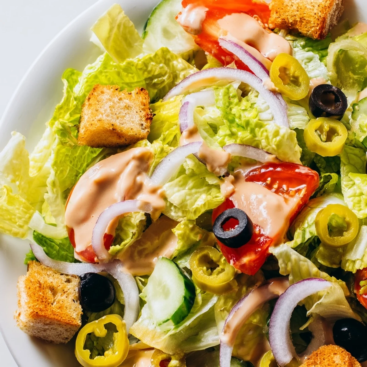 Crisp Olive Garden salad topped with crunchy croutons and shaved Parmesan in a wooden bowl