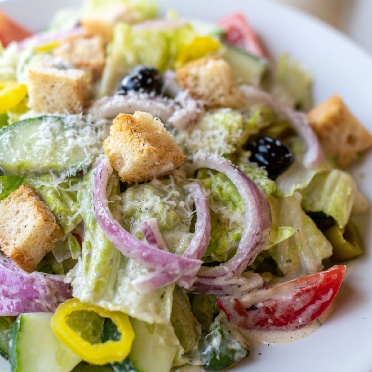 Fresh Olive Garden salad featuring ripe tomatoes, pepperoncini, and creamy Italian vinaigrette dressing