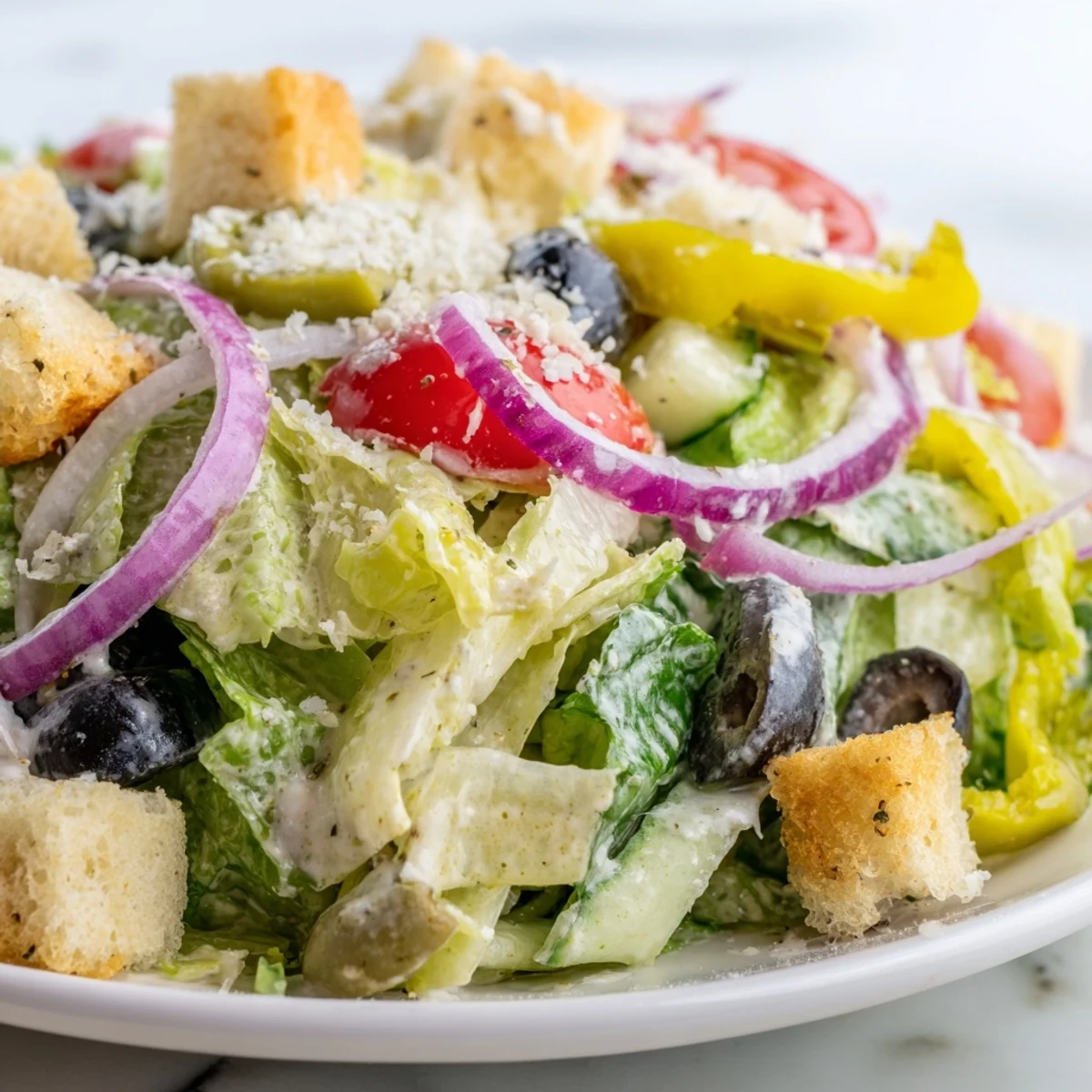 Vibrant Olive Garden salad with romaine lettuce, black olives, and tangy homemade dressing served chilled