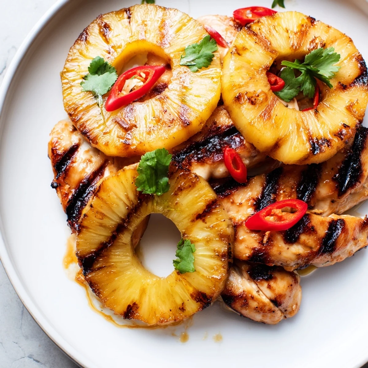 Chili Pineapple Grilled Chicken sizzling on a summer barbecue with caramelized pineapple rings on top