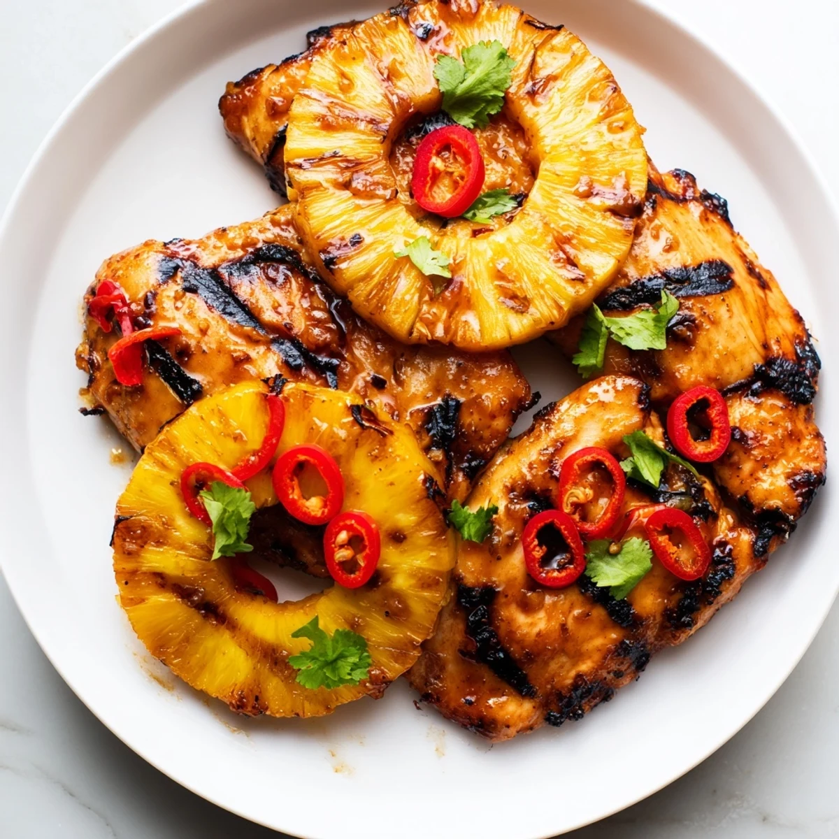 Juicy Chili Pineapple Grilled Chicken sliced open showing tender meat topped with golden grilled pineapple