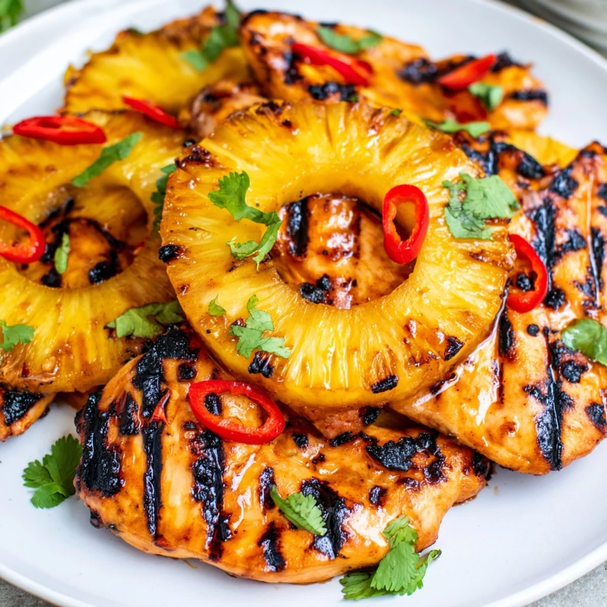 Spicy Chili Pineapple Grilled Chicken plated with fresh cilantro and charred red chili garnish