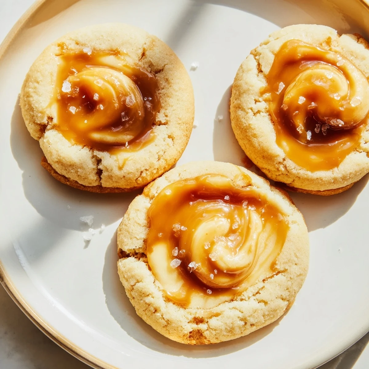 Creamy caramel cheesecake cookies drizzled with gooey swirls on a white platter