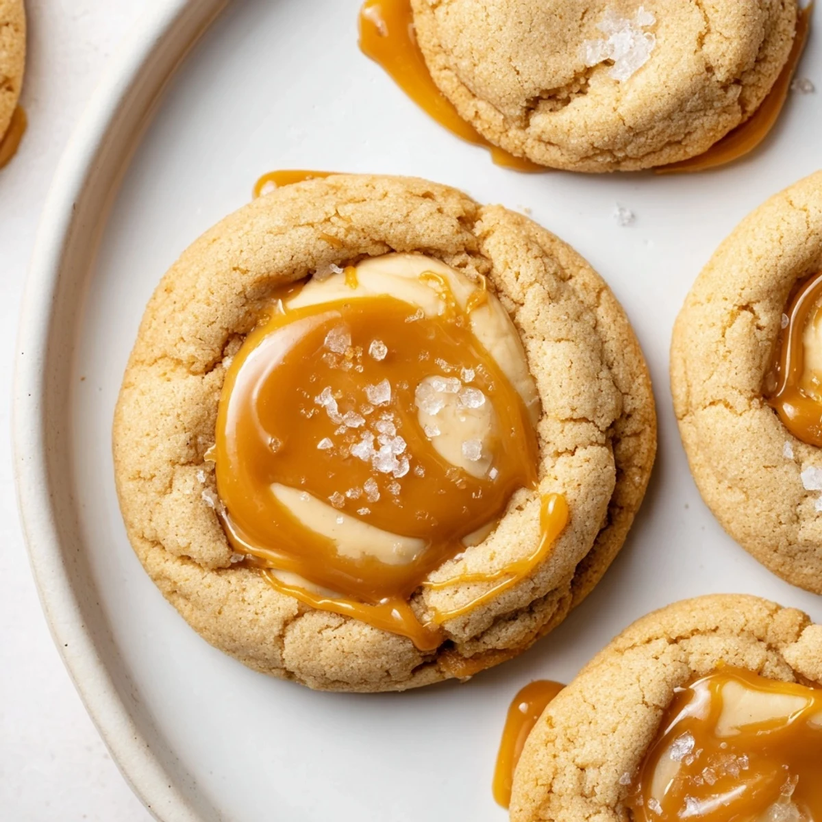 Soft caramel cheesecake cookies with golden edges on a rustic baking sheet
