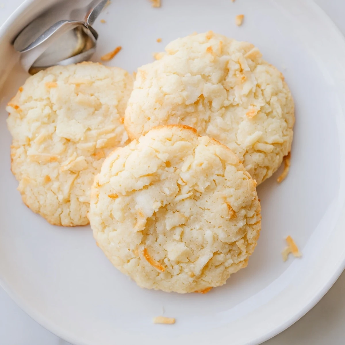 Golden soft and buttery coconut cookies fresh from the oven on parchment paper