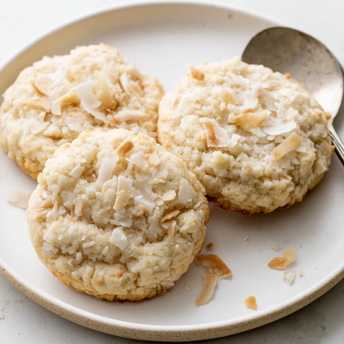 Soft and buttery coconut cookies with golden edges cooling on a wire rack