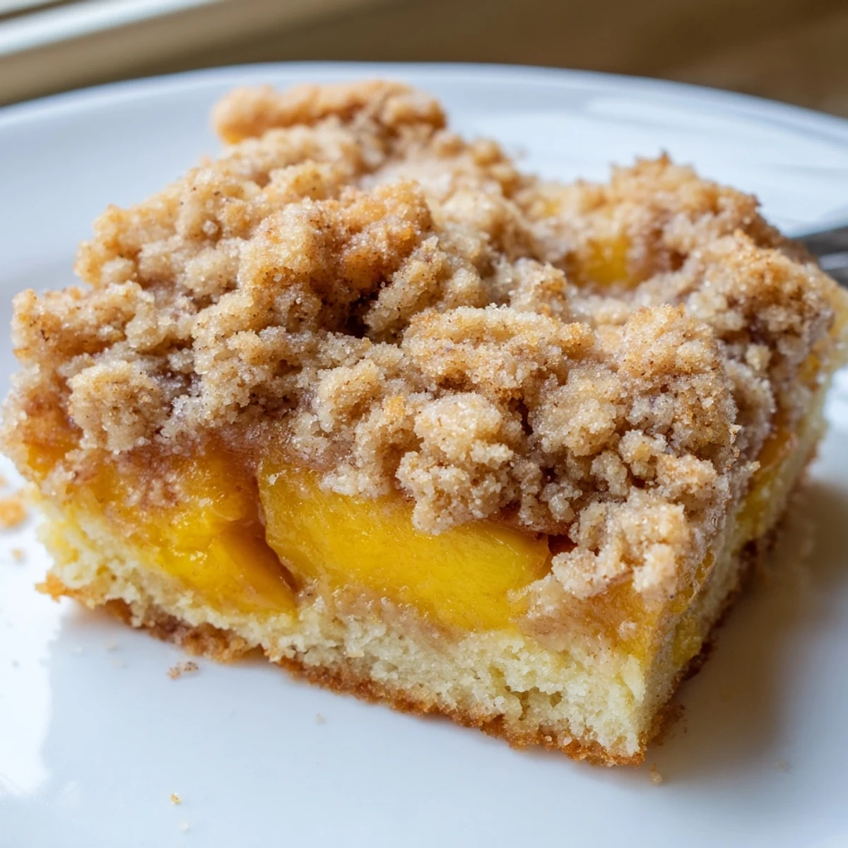 Golden sweet and buttery peach bars with cinnamon streusel on a rustic baking sheet