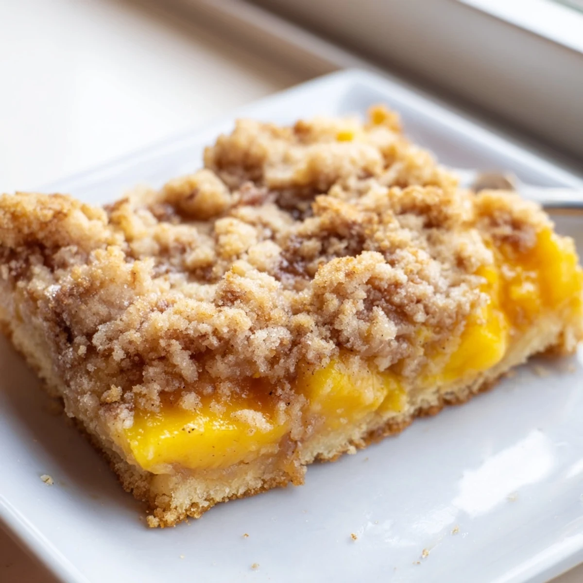 Close-up of sweet and buttery peach bars with cinnamon streusel revealing tender fruit filling