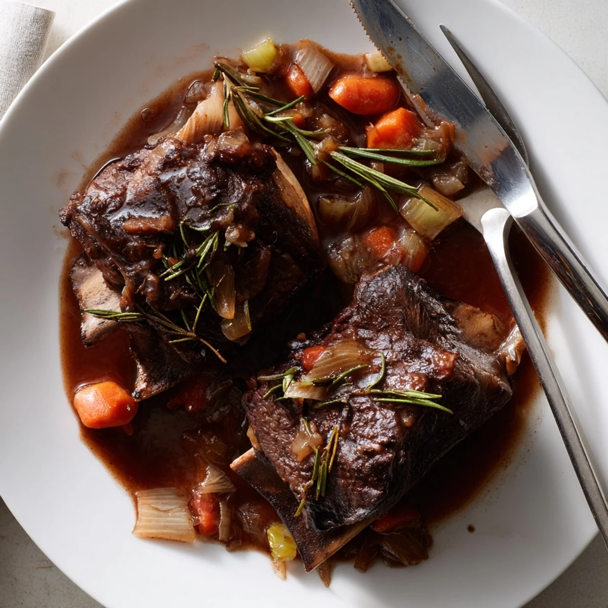 Fall-off-the-bone oven braised beef short ribs glazed in rich red wine sauce