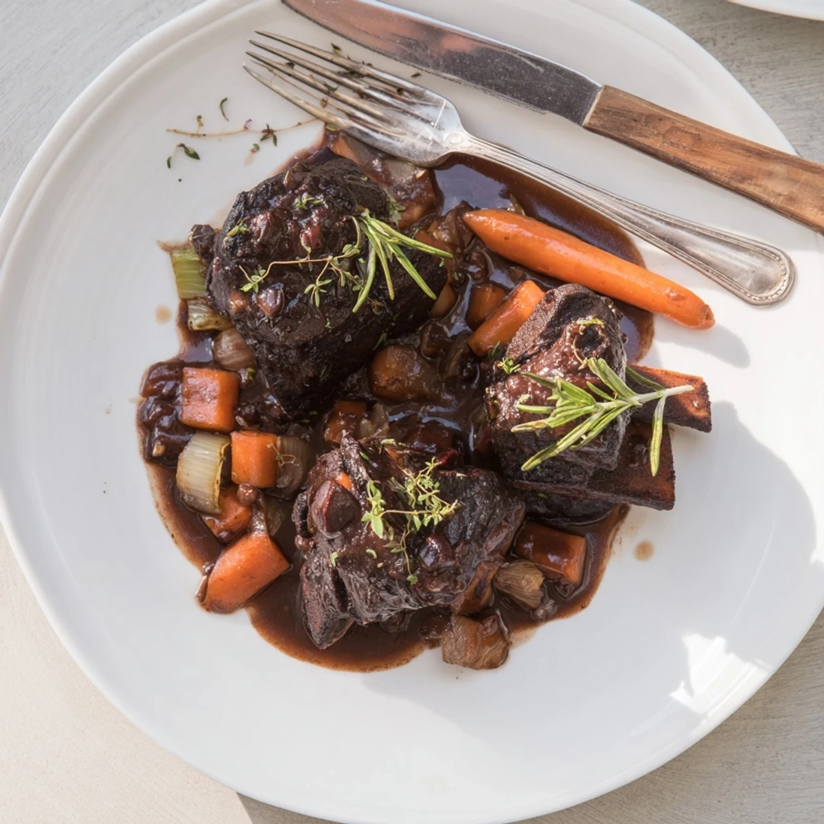 Tender oven braised beef short ribs nestled atop creamy mashed potatoes with herb garnish