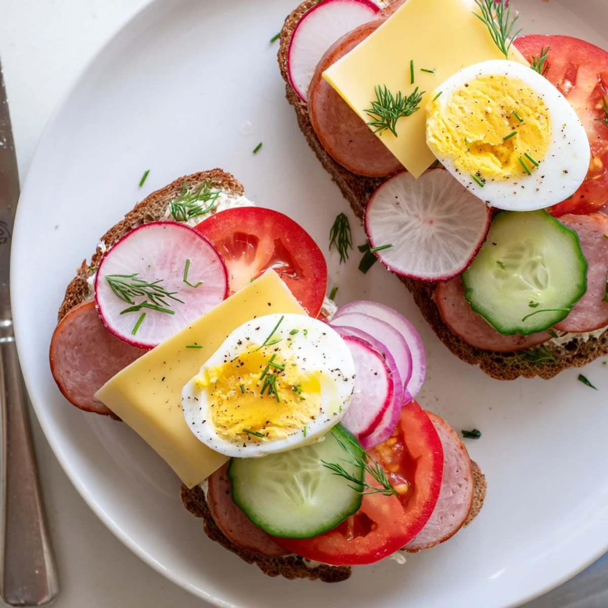 Open faced Polish sandwiches kanapki arranged on rustic wooden board with fresh garnishes
