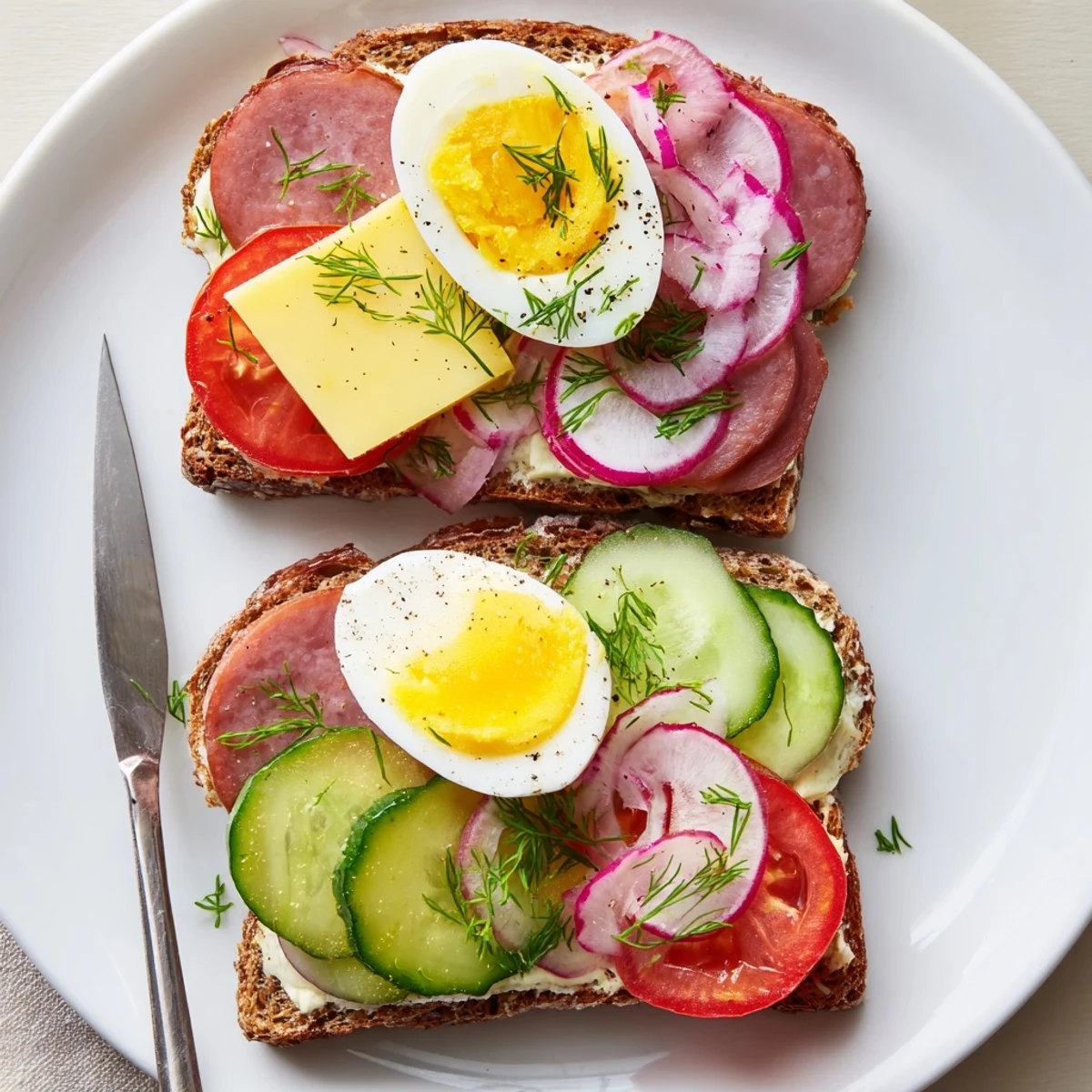 Colorful open faced Polish sandwiches kanapki layered with kielbasa egg and crisp vegetables