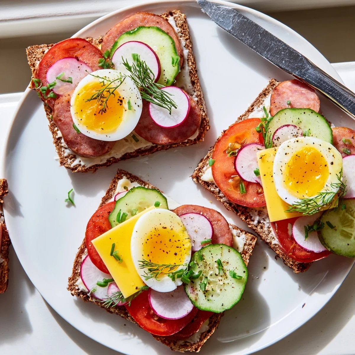 Buttered rye bread topped with cheese and herbs makes these open faced Polish sandwiches kanapki irresistible
