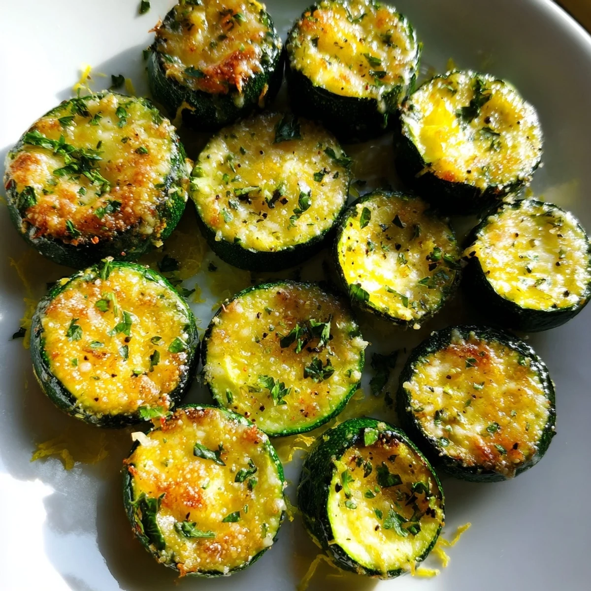Golden Parmesan crusted lemon pepper zucchini rounds fresh from the oven
