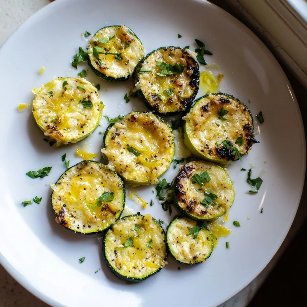 Savory lemon pepper and Parmesan zucchini arranged on a white serving platter
