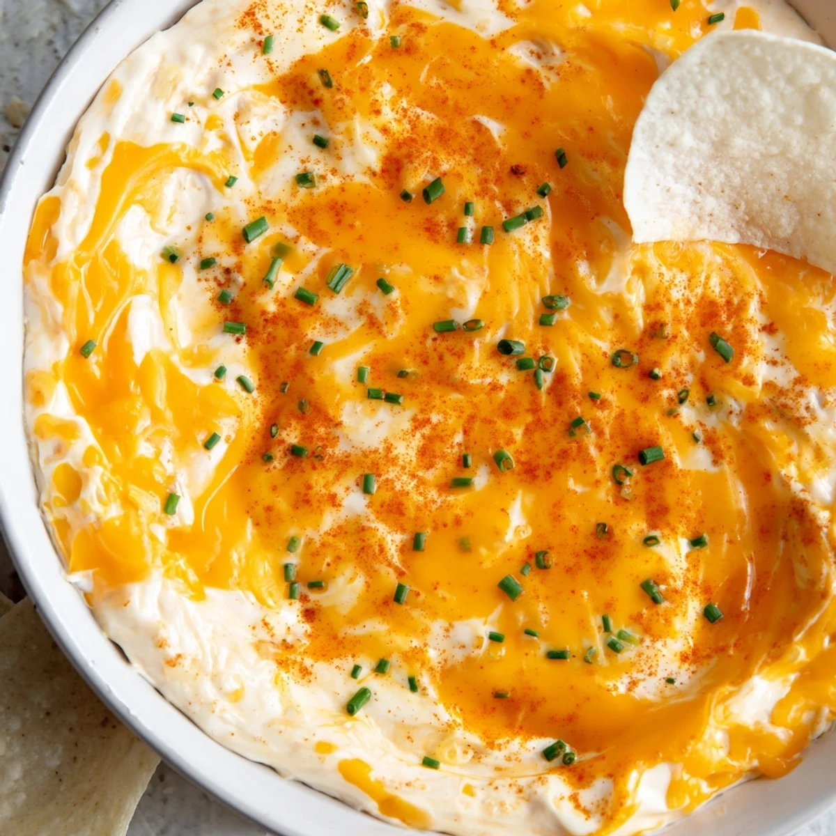 Warm, golden cheese dip in a bowl surrounded by crispy tortilla chips