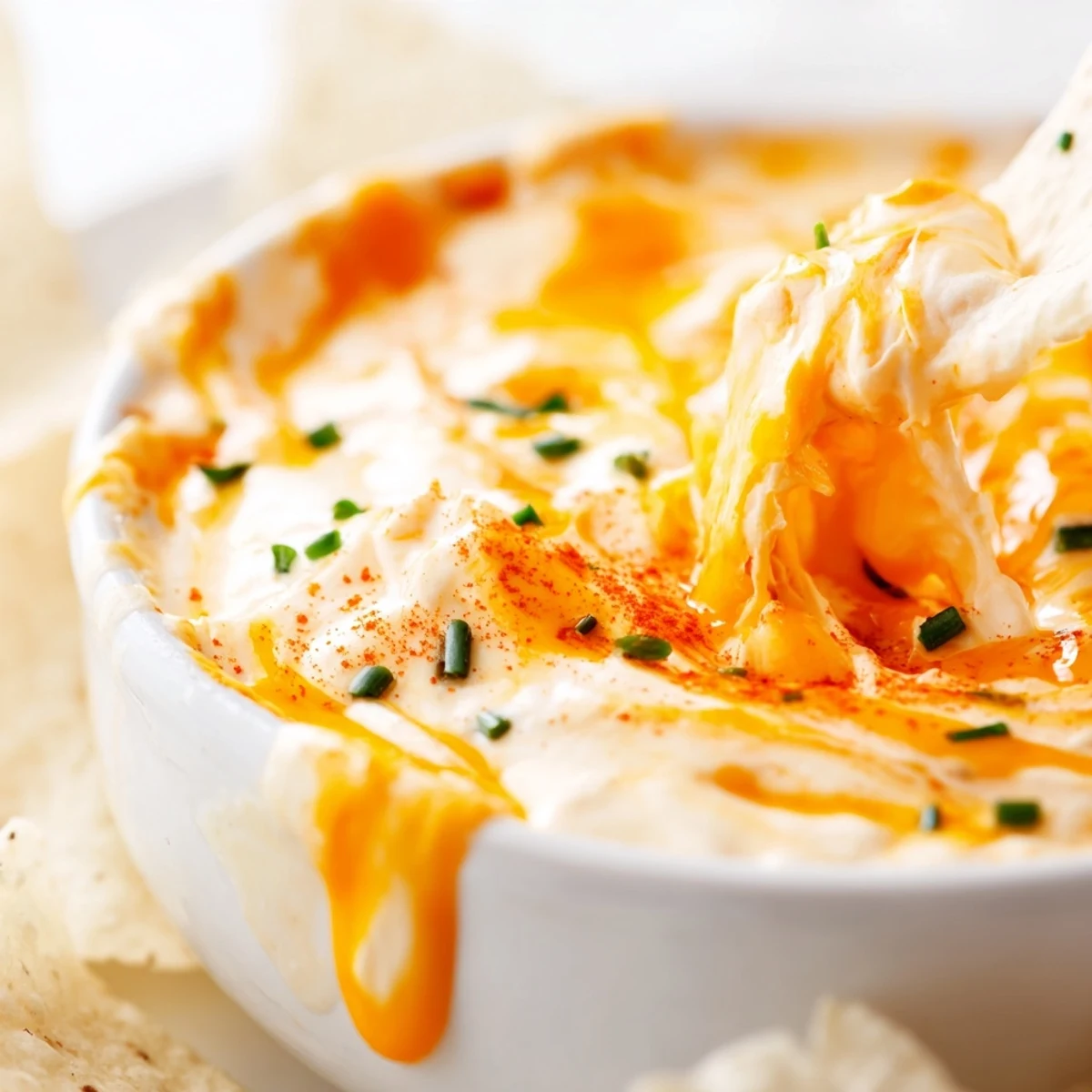 Creamy melted cheddar cheese dip garnished with fresh green chives and paprika