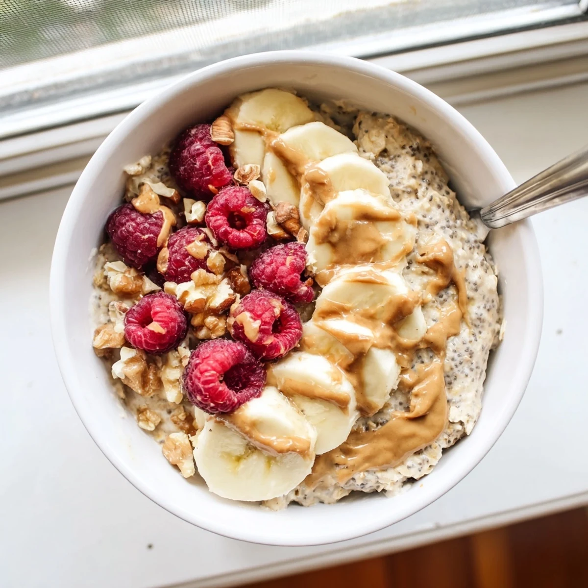 Thick protein overnight oats swirled with maple syrup and ripe banana slices