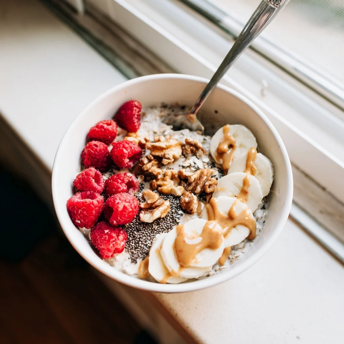 Creamy protein overnight oats topped with fresh berries in a glass jar