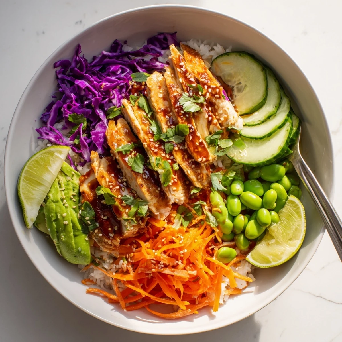 Asian inspired chicken power bowl with colorful crisp veggies and sesame-ginger drizzle