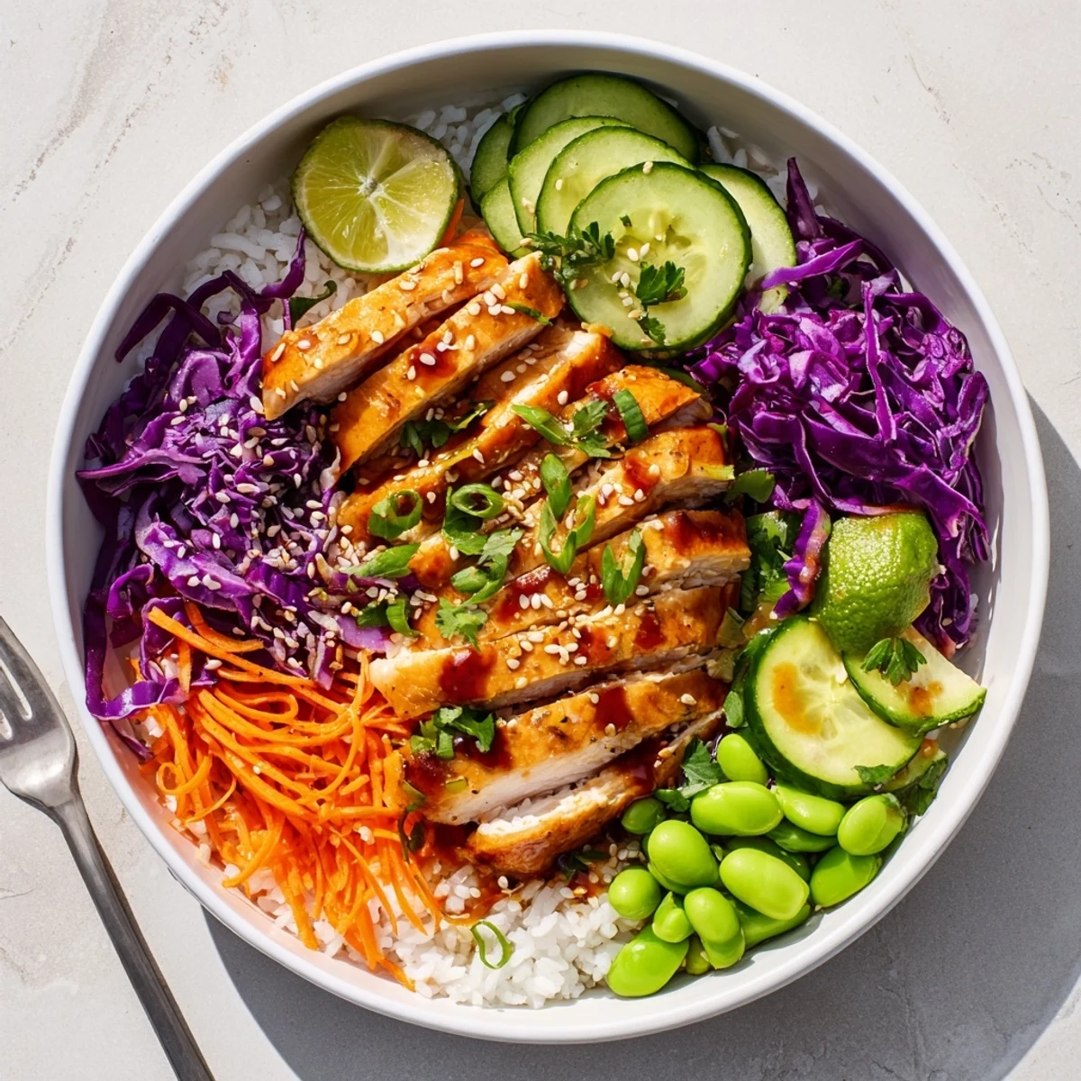Golden seared chicken strips atop a vibrant Asian inspired chicken power bowl with fresh avocado slices