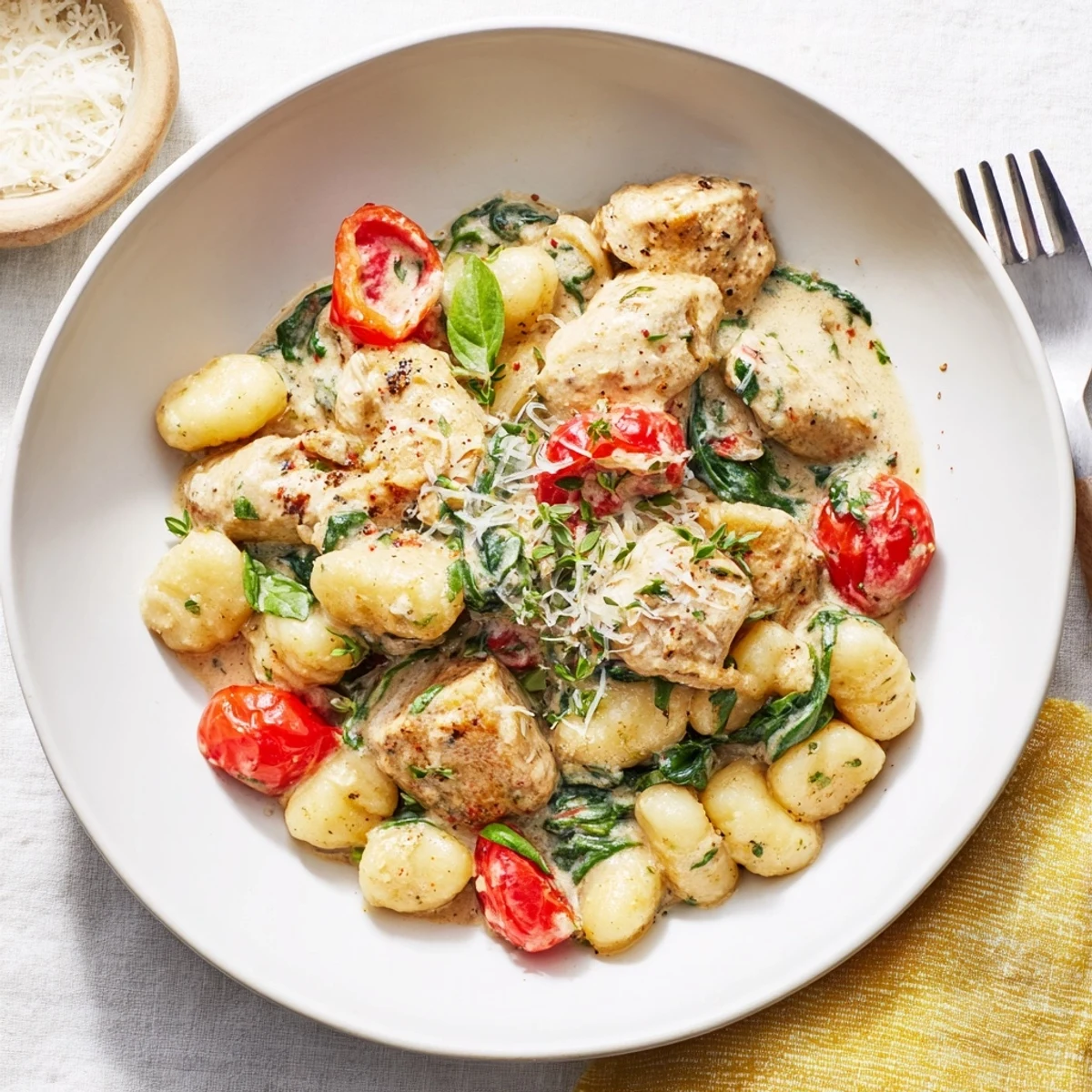 Creamy Herb Chicken Gnocchi Skillet bubbling in a rustic cast iron pan with fresh parsley garnish