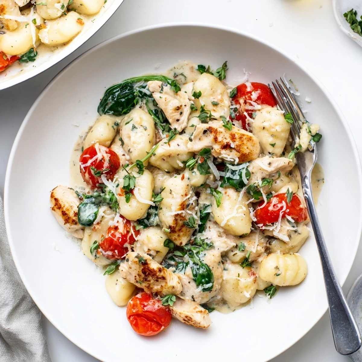 Golden chicken and pillowy gnocchi swimming in a velvety herb cream sauce with wilted spinach