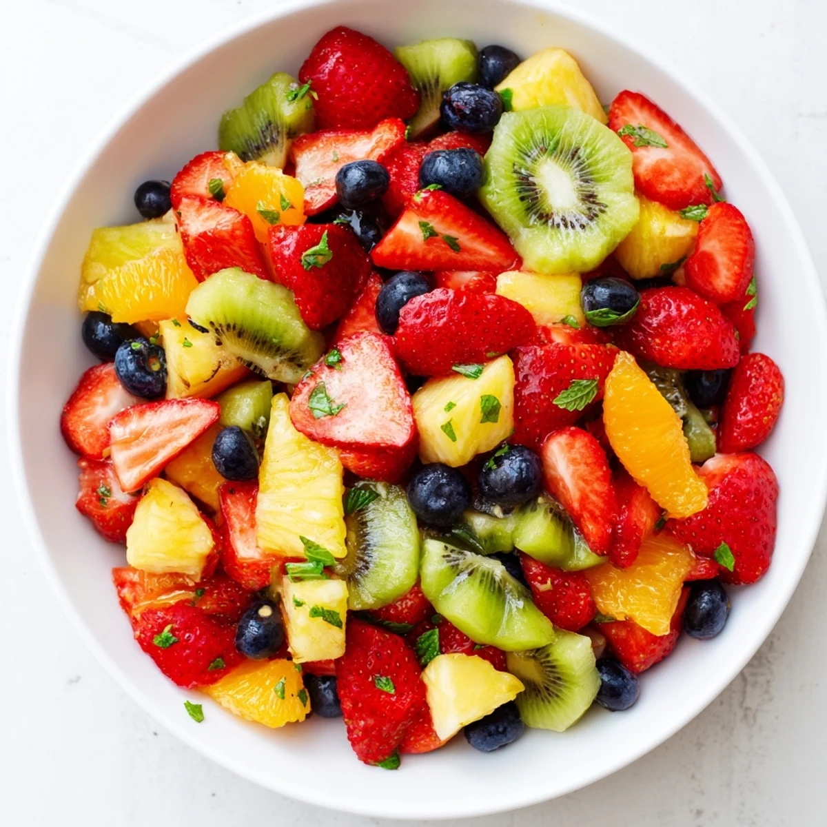 Colorful fruit bowl loaded with fresh strawberries, blueberries, and pineapple chunks