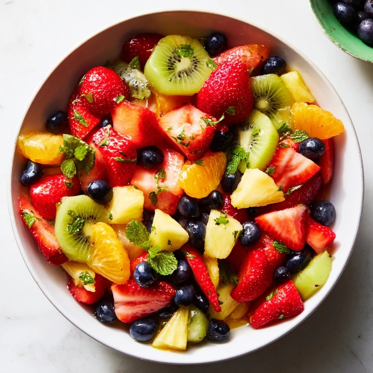 Refreshing fruit bowl featuring ripe kiwi, grapes, and orange segments glistening with honey-mint drizzle