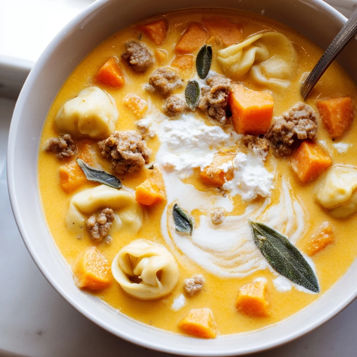 Creamy butternut squash sausage tortellini soup ladled into a rustic bowl with melted cheese swirl