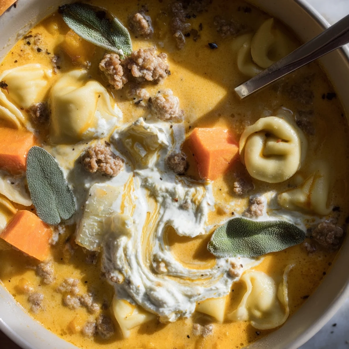 Golden butternut squash sausage tortellini soup topped with a velvety sage cheese swirl garnish