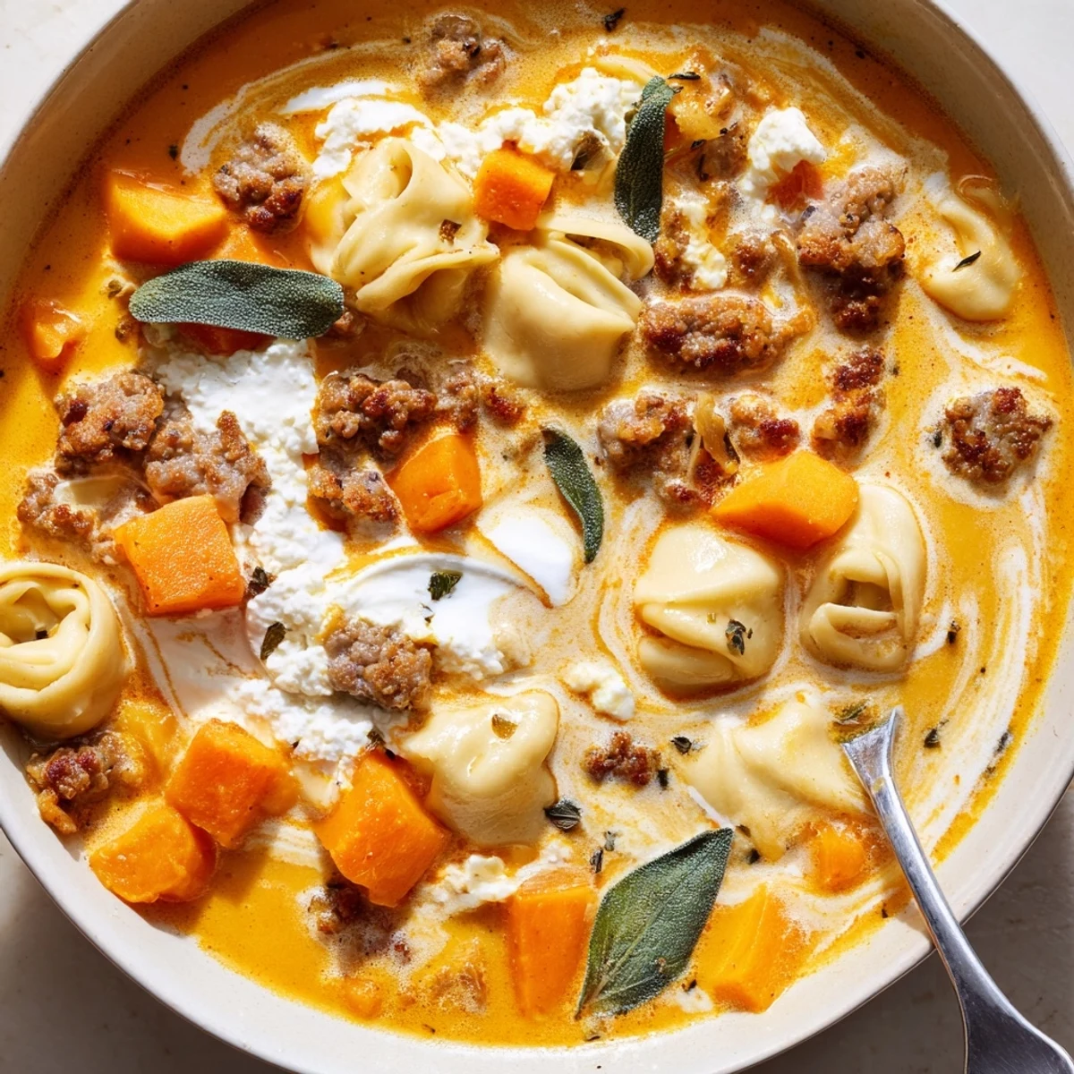 Steaming bowl of butternut squash sausage tortellini soup finished with a creamy sage cheese drizzle