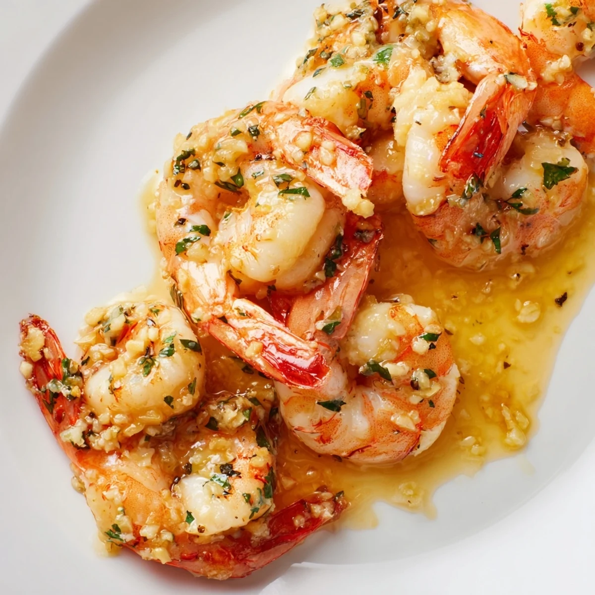 Golden buttered shrimp glistening in garlicky sauce with fresh parsley and lemon wedges